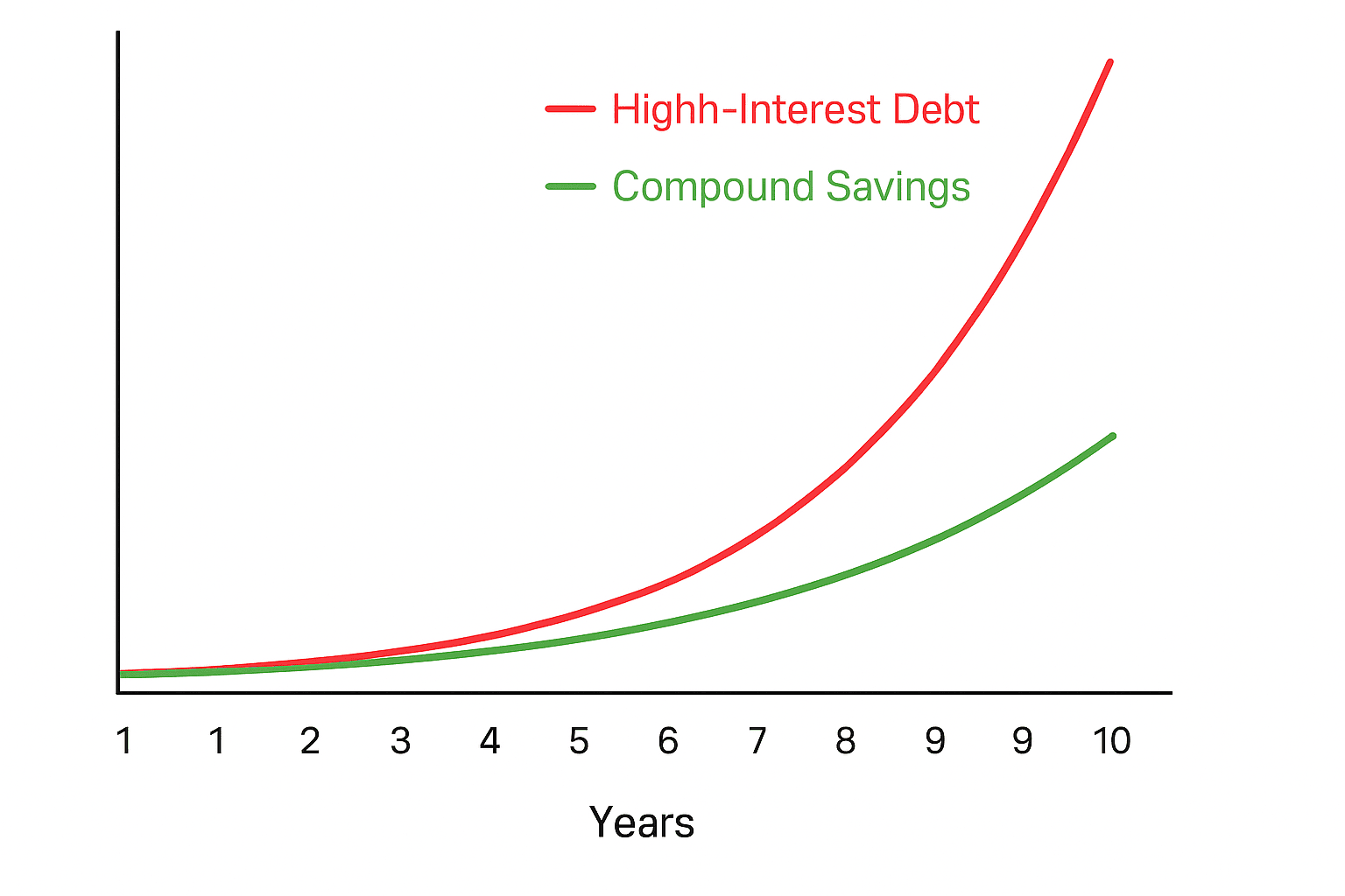 A line chart comparing the exponential growth of high-interest debt (red line) against the steady, compounding growth of savings (green line) over 10 years.