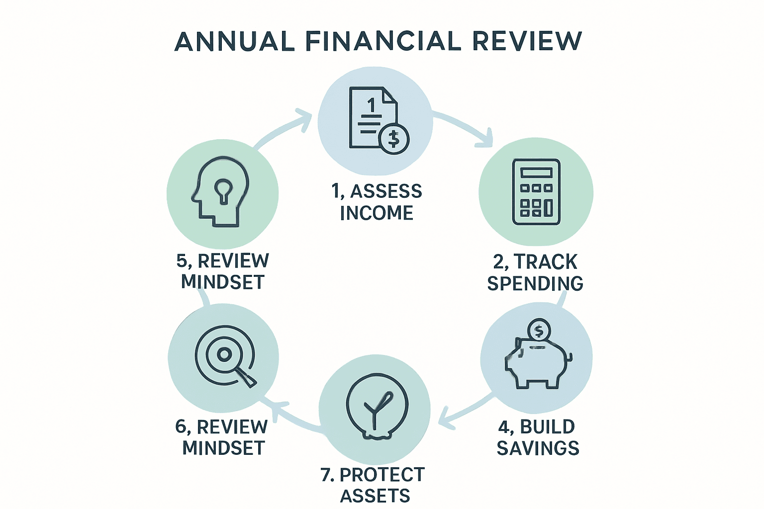 A circular infographic showing the 7 steps of an annual financial review: Assess Income, Track Spending, Reduce Debt, Build Savings, Set Goals, Review Mindset, and Protect Assets.