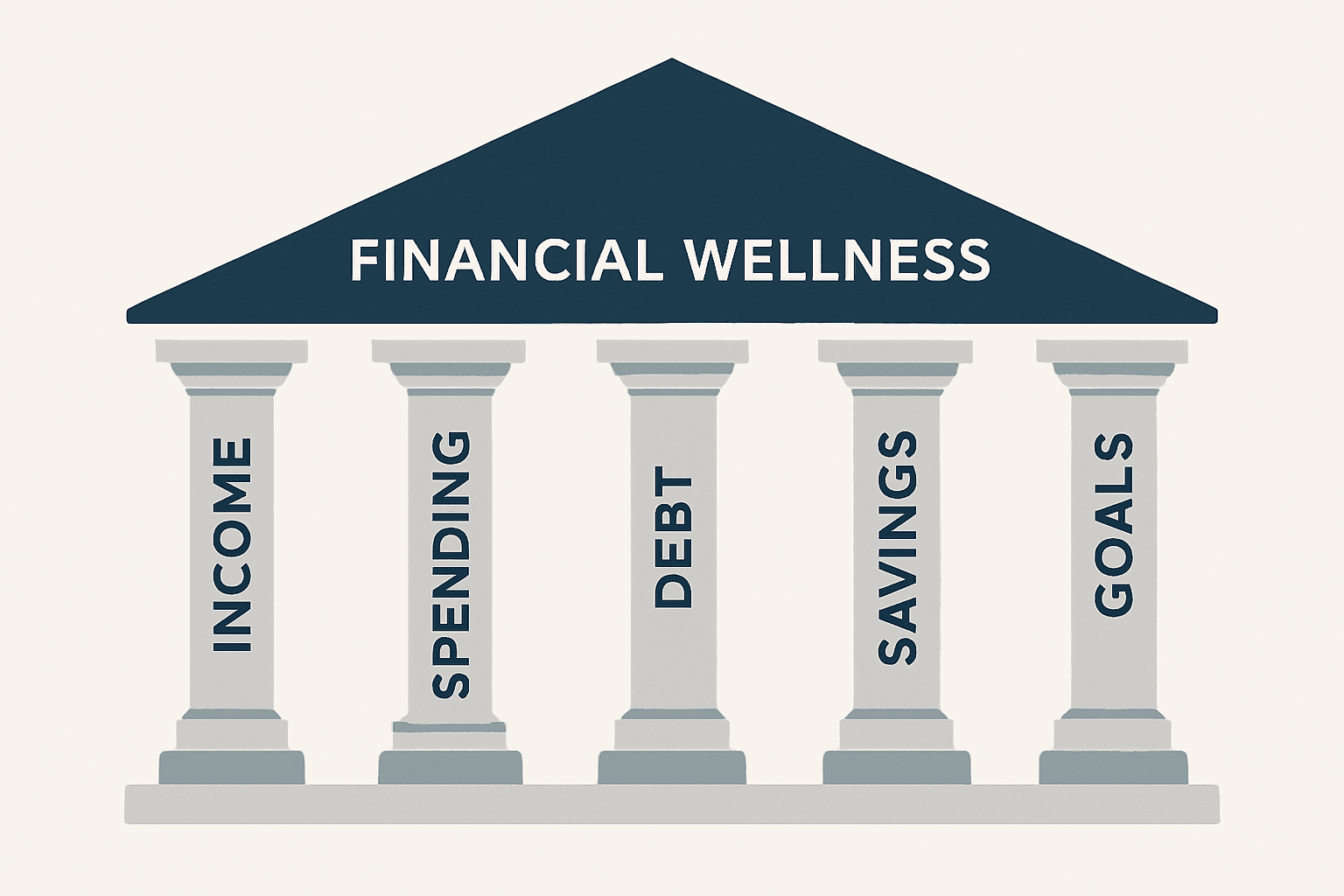 A modern illustration of five pillars labeled Income, Spending, Debt, Savings, and Goals, supporting a roof labeled Financial Wellness.