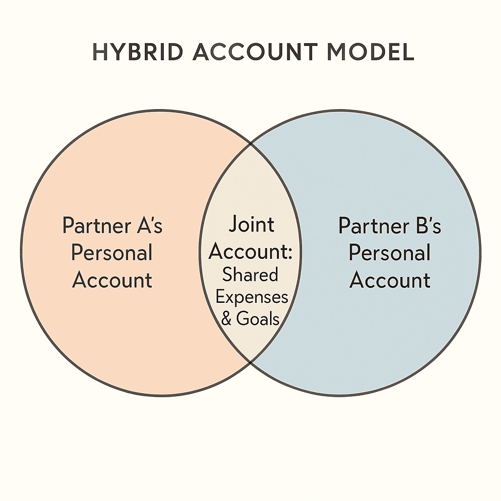 Venn diagram illustrating the hybrid account model for couples finance, combining joint accounts for shared expenses and separate accounts for personal spending.