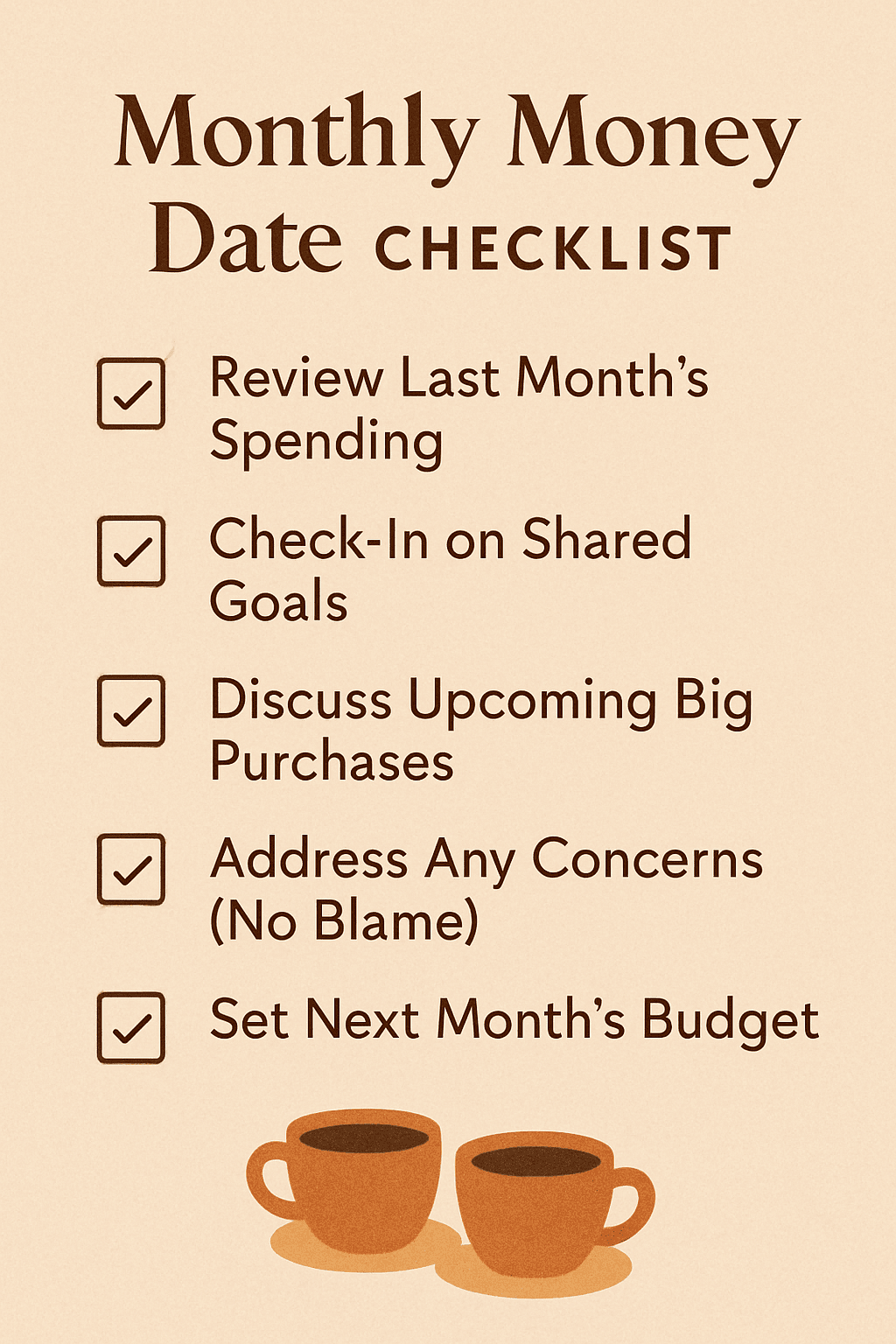 Monthly Money Date Checklist with 5 steps for couples to discuss finances, including reviewing spending and setting the next month's budget for financial harmony.