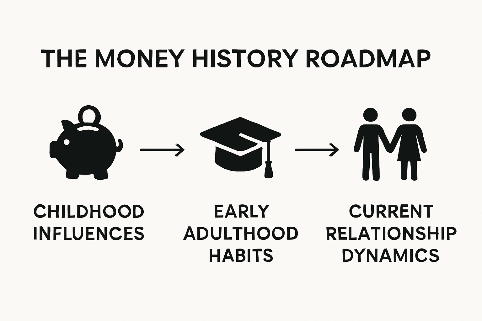 Timeline graphic illustrating the three stages of money history: childhood influences, early adulthood habits, and current relationship dynamics, impacting couples finance.